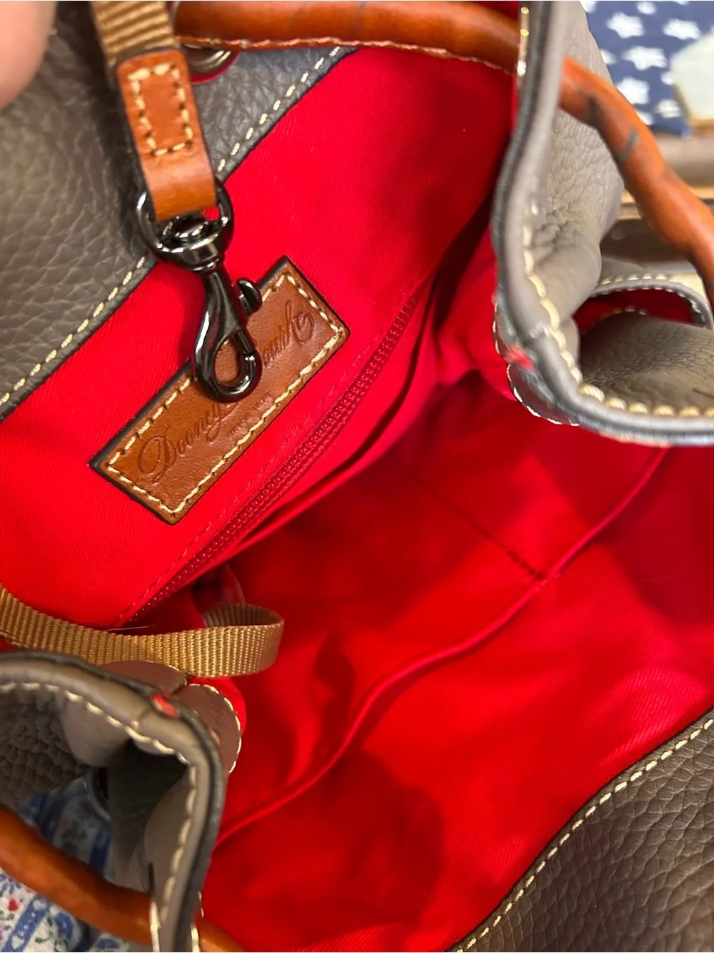 Women’s Taupe Leather Dooney & Bourke Small Backpack with Brown Tassel Accents